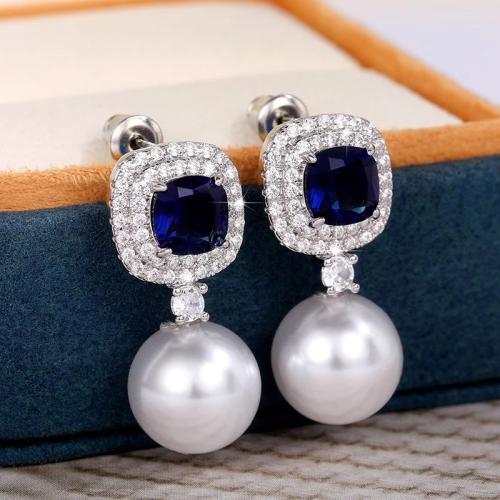 Cubic Zirconia Micro Pave Brass Earring, with Plastic Pearl, fashion jewelry & micro pave cubic zirconia & for woman, 28x12mm, Sold By Pair