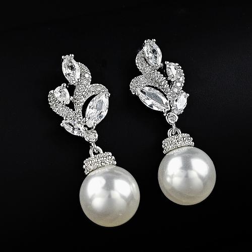 Brass Drop Earring with Plastic Pearl fashion jewelry & for woman & with rhinestone 27mm Sold By Pair