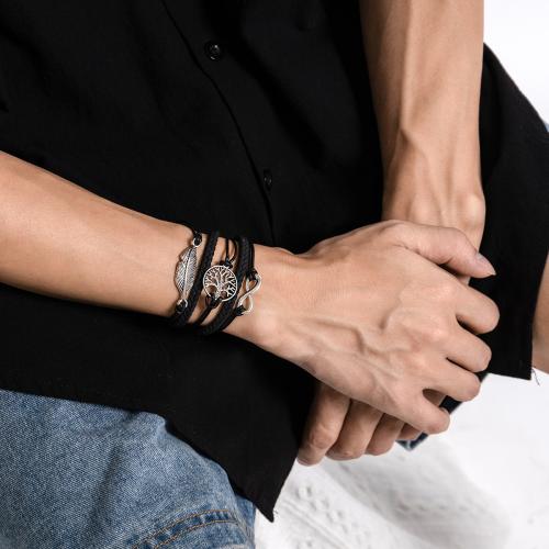Trendy Wax cord armbanden, met PU & Zinc Alloy, met 5cm extender keten, mode sieraden, zwart, Lengte 18 cm, Verkocht door PC