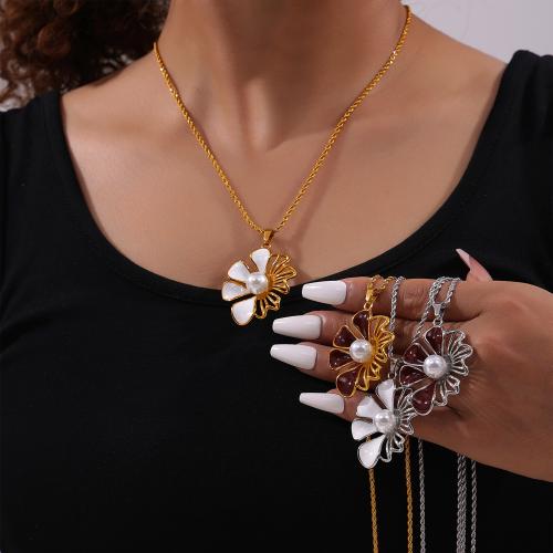 Titanium Steel Necklace with Plastic Pearl Flower plated fashion jewelry & enamel Length 50 cm Sold By PC