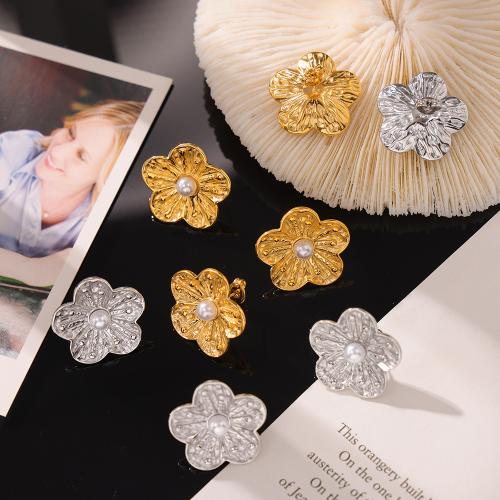 Titan stål örhänge, med Plast Pearl, Blomma, plated, mode smycken, fler färger för val, 22x22mm, Säljs av Par