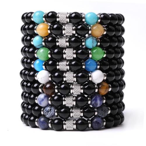 Gemstone Bracelets, Black Stone, with Elastic Thread & Gemstone & 304 Stainless Steel, handmade, fashion jewelry & different materials for choice & Unisex, Length:18.5-19 cm, Sold By PC