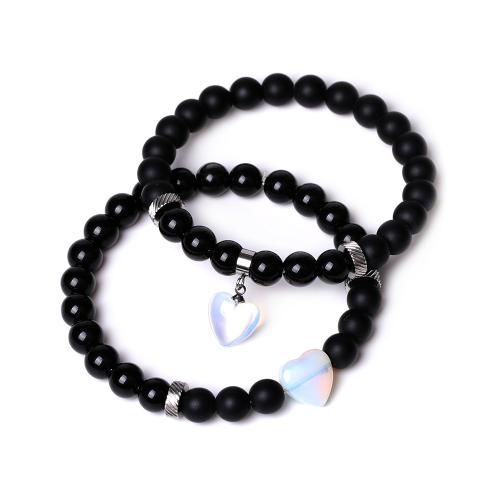 Gemstone Bracelets, Black Stone, with Elastic Thread & Gemstone & 304 Stainless Steel, handmade, 2 pieces & fashion jewelry & different materials for choice & Unisex, Sold By Set