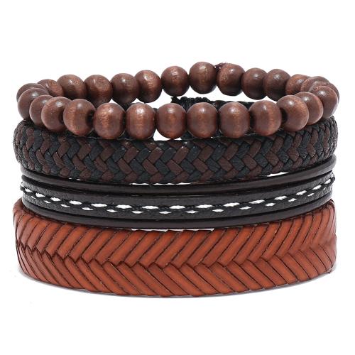 PU Leather Cord Bracelets with Wax Cord & Wood handmade 4 pieces & fashion jewelry & Unisex Sold By Set