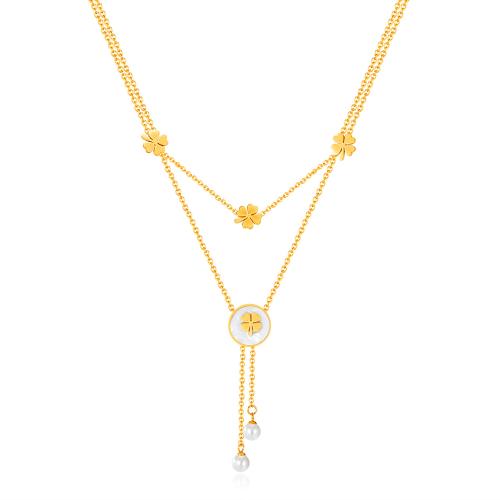 Collar de Acero Titanio, Partículas de acero, con Perlas plásticas, con 5.5CM extender cadena, chapado, para mujer, dorado, longitud:aproximado 40 cm, Vendido por UD