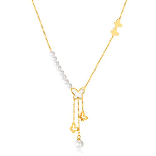 Titanstahl Halskette, mit Kunststoff Perlen, mit Verlängerungskettchen von 6CM, Schmetterling, plattiert, für Frau, goldfarben, Länge:ca. 42 cm, verkauft von PC