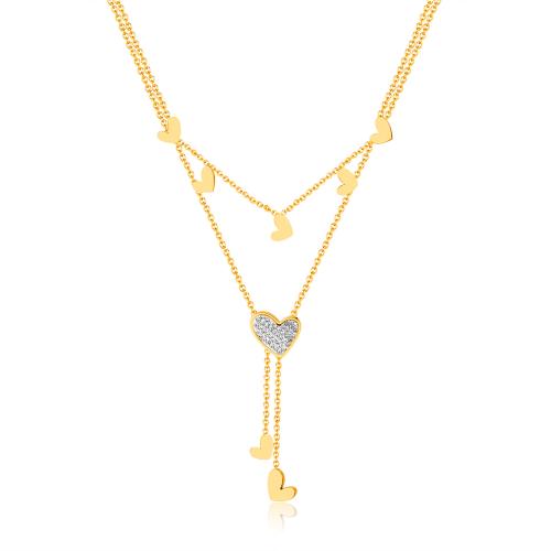 Titanium Steel Necklace with 6.5CM extender chain Heart plated micro pave cubic zirconia & for woman golden Length Approx 38 cm Sold By PC