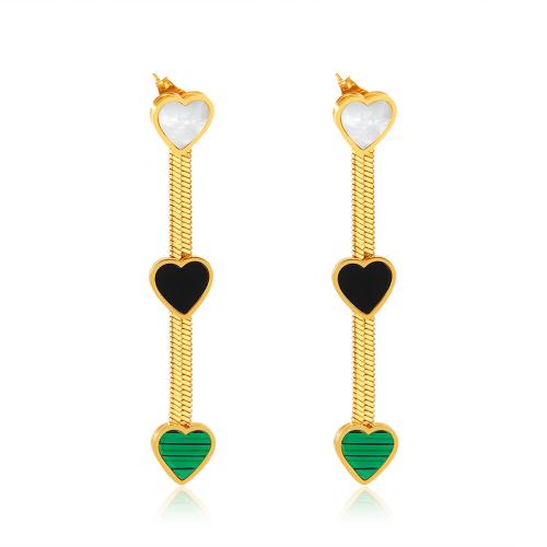 Titanium Steel  Earring, with Pearl Oyster & Malachite & Acrylic, plated, for woman, golden, 53x8.50mm, Sold By Pair