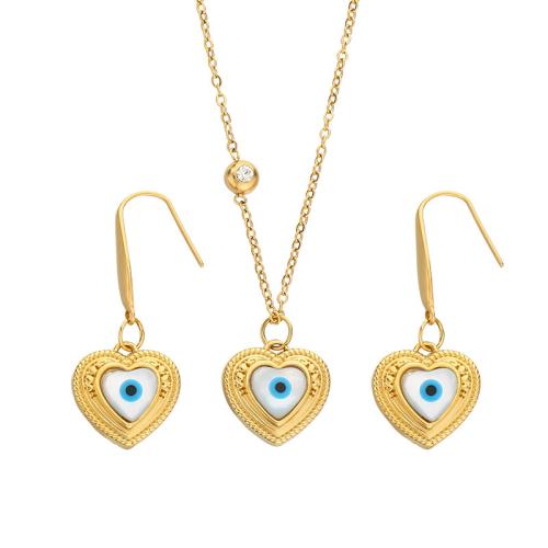 Fashion Stainless Steel Jewelry Sets, earring & necklace, 304 Stainless Steel, with Shell, Heart, Vacuum Ion Plating, for woman & enamel, Sold By Set