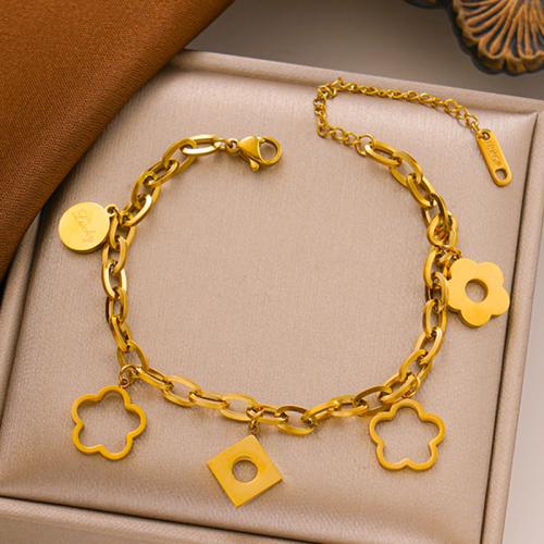 Titanium Steel Bracelet Flower Vacuum Ion Plating fashion jewelry & for woman & hollow Length Approx 6-8 Inch Sold By PC