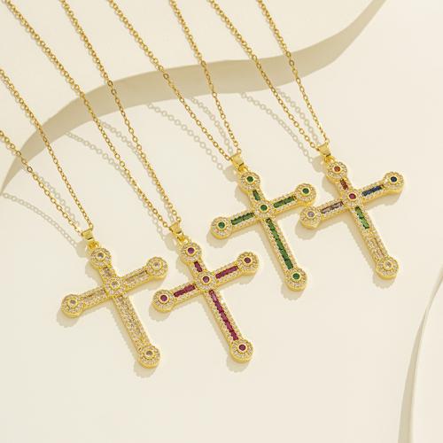 Titanium Steel Necklace with 2inch extender chain Cross gold color plated oval chain & for woman & with rhinestone Length Approx 15.7 Inch Sold By PC
