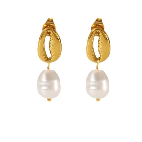 304 Stainless Steel Drop Earring with Freshwater Pearl Shell plated fashion jewelry & for woman & hollow Sold By Pair