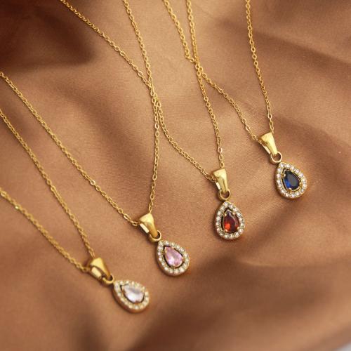 Titanium Steel Necklace, Oval, gold color plated, oval chain & micro pave cubic zirconia & for woman, more colors for choice, Length:Approx 17.7 Inch, Sold By PC