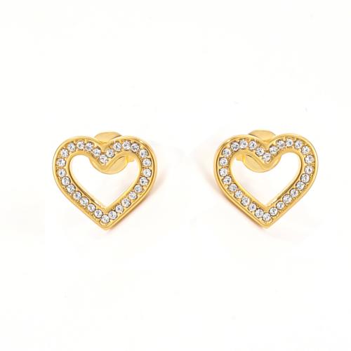 304 Stainless Steel Stud Earring Heart gold color plated for woman & with rhinestone & hollow Sold By Pair
