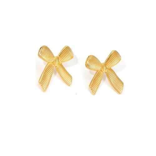 304 Stainless Steel Stud Earring Bowknot gold color plated & for woman Sold By Pair