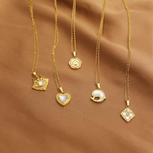 Acier titane collier, avec coquille blanche, Placage de couleur d'or, chaîne ovale & styles différents pour le choix & pour femme, Longueur:Environ 17.7 pouce, Vendu par PC