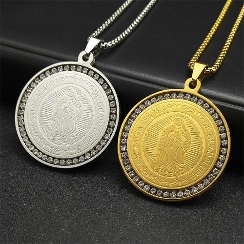 Stainless Steel Jewelry Necklace, 304 Stainless Steel, Round, fashion jewelry & Unisex & with rhinestone, more colors for choice, 40x40mm, Length:Approx 60 cm, Sold By PC