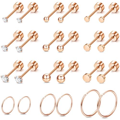 Stainless Steel Stud Earrings, 316L Stainless Steel, fashion jewelry & Unisex & with rhinestone, rose gold color, 12Pairs/Set, Sold By Set