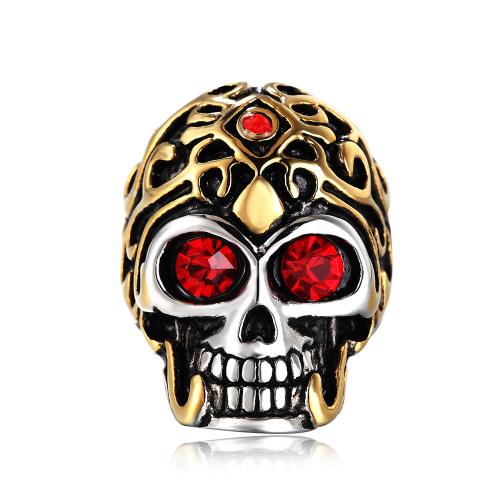 Rhinestone Stainless Steel Finger Ring 304 Stainless Steel Skull Vacuum Ion Plating fashion jewelry & for man & with rhinestone Sold By PC