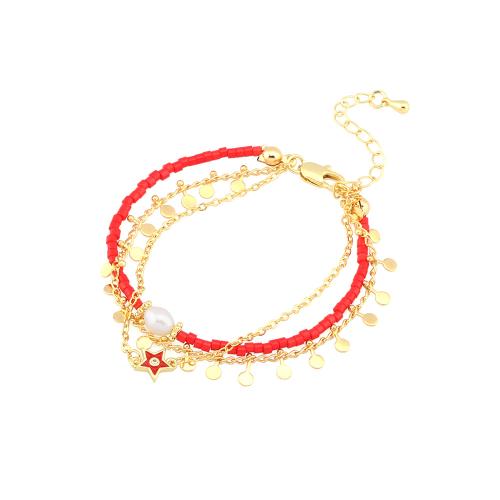 Brass Bracelet & Bangle, with Glass Beads & Freshwater Pearl, Star, gold color plated, Double Layer & Adjustable & fashion jewelry & for woman & enamel, more colors for choice, nickel, lead & cadmium free, Length:16-22 cm, Sold By PC