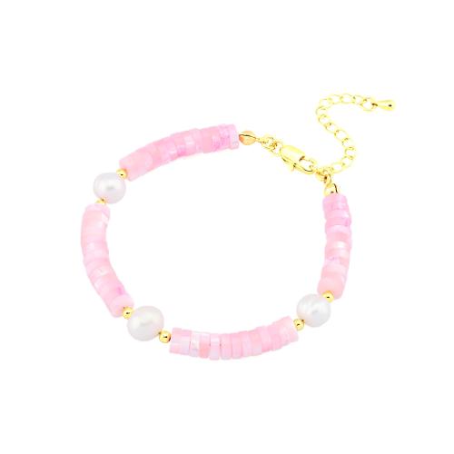 Shell Jewelry Bracelet, with Freshwater Pearl & Brass, gold color plated, fashion jewelry & for woman, more colors for choice, 8mm, Length:Approx 16-22 cm, Sold By PC