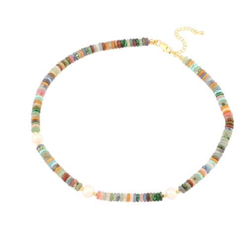 Gemstone šperky náhrdelník, Drahokam, s Sladkovodní Pearl & Mosaz, s 5cm extender řetězce, barva pozlacený, módní šperky & pro ženy, multi-barevný, Délka Cca 40 cm, Prodáno By PC