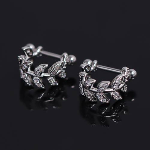 Brass Stud Earring Leaf silver color plated for man & with rhinestone nickel lead & cadmium free Sold By PC
