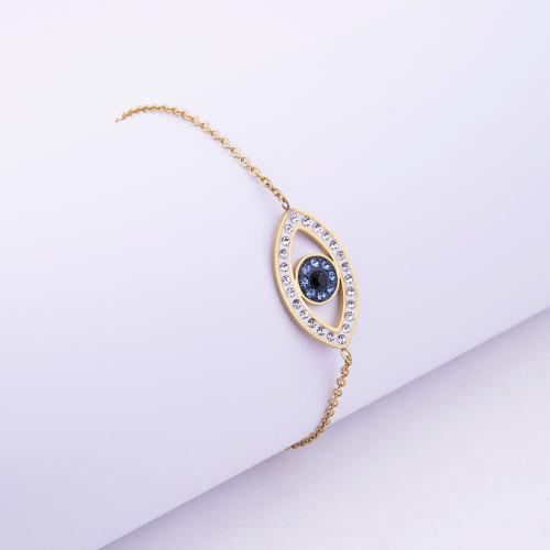 Titanium Steel Bracelet & Bangle, with 5CM extender chain, gold color plated, evil eye pattern & for woman & with rhinestone, blue, 24x14mm, Length:20 cm, Sold By PC