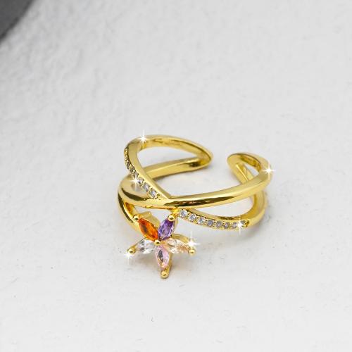 Brass Finger Ring, gold color plated, for woman & with rhinestone, multi-colored, nickel, lead & cadmium free, Sold By PC