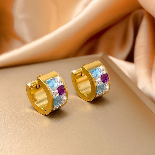 Stainless Steel Huggie Hoop Earring 304 Stainless Steel gold color plated for woman & with rhinestone mixed colors 10mm Sold By Pair