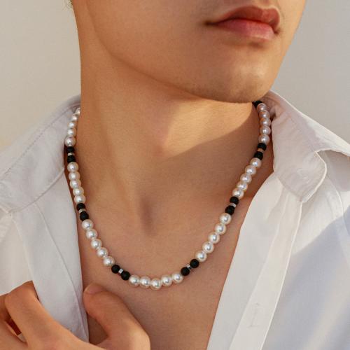 Plastik-Perlenkette, Kunststoff Perlen, mit Glas & Zinklegierung, mit Verlängerungskettchen von 7cm, Modeschmuck, weiß, Länge:48 cm, verkauft von PC