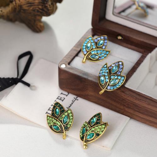 Tibetan Style Stud Earring, Leaf, gold color plated, fashion jewelry & with rhinestone, more colors for choice, nickel, lead & cadmium free, 20x28mm, Sold By Pair