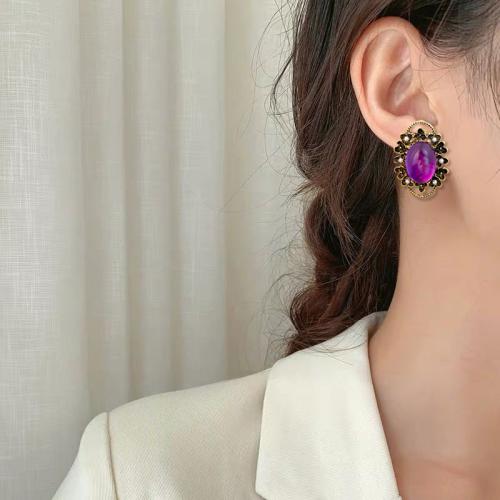 Tibetan Style Stud Earring, with Lampwork & Plastic Pearl, gold color plated, fashion jewelry, purple, nickel, lead & cadmium free, 23x33mm, Sold By Pair