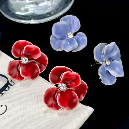 Zinc Alloy Stud Earring Flower plated fashion jewelry & enamel & with rhinestone nickel lead & cadmium free Sold By Pair
