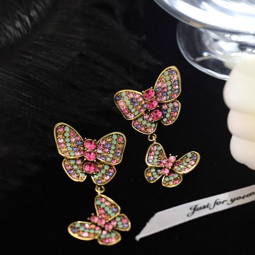 Tibetan Style Drop Earrings, Butterfly, plated, fashion jewelry & with rhinestone, multi-colored, nickel, lead & cadmium free, 35x65mm, Sold By Pair