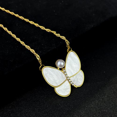 Zinc Alloy Jewelry Necklace with Shell & Plastic Pearl with 5cm extender chain Butterfly plated fashion jewelry & with rhinestone nickel lead & cadmium free Length 45 cm Sold By PC