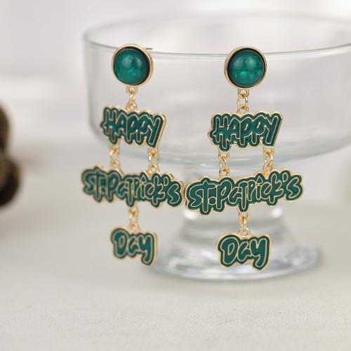 Tibetan Style Drop Earrings, Alphabet Letter, plated, fashion jewelry & enamel & with rhinestone, green, nickel, lead & cadmium free, 40x73mm, Sold By Pair