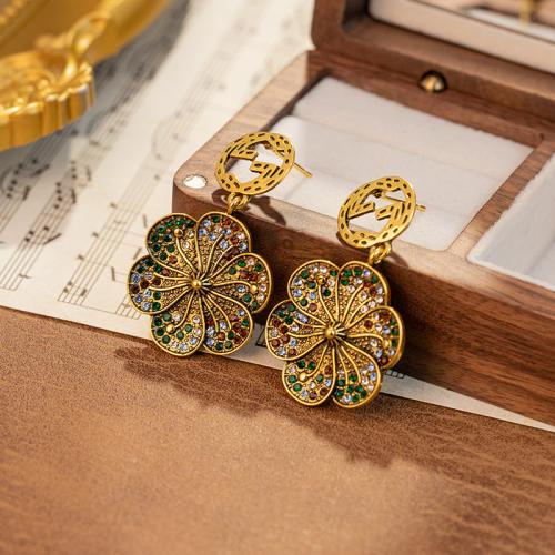 Tibetan Style Drop Earrings, Flower, gold color plated, fashion jewelry & with rhinestone, golden, nickel, lead & cadmium free, 24x41mm, Sold By Pair