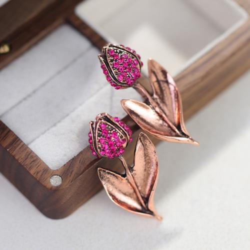 Tibetan Style Stud Earring, Flower, gold color plated, fashion jewelry & with rhinestone, golden, nickel, lead & cadmium free, 20x44mm, Sold By Pair