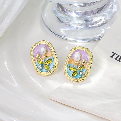 Tibetan Style Stud Earring, with Plastic Pearl, gold color plated, fashion jewelry & enamel & with rhinestone, golden, nickel, lead & cadmium free, 17x23mm, Sold By Pair