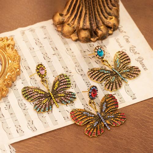 Tibetan Style Drop Earrings, Butterfly, gold color plated, fashion jewelry & with rhinestone, more colors for choice, nickel, lead & cadmium free, 48x51mm, Sold By Pair