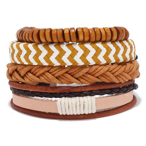 PU Leather Cord Bracelets, with Cowhide & Wax Cord & Wood, handmade, 4 pieces & fashion jewelry & Unisex, Sold By Set