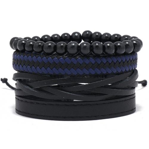 PU Leather Cord Bracelets, with Wax Cord & Wood, handmade, 4 pieces & fashion jewelry & for man, Inner diameter :5.5-7cm, Sold By Set
