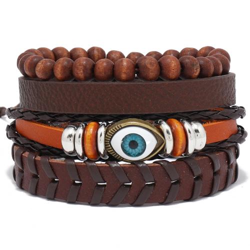 PU Leather Cord Bracelets, with Wax Cord & Wood & Tibetan Style, handmade, 4 pieces & fashion jewelry & Unisex, Inner diameter :5.5-7cm, Sold By Set