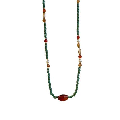 Titanium Steel Necklace with Natural Stone & Agate & Freshwater Pearl handmade for woman green Length Approx 39.5 cm Sold By PC