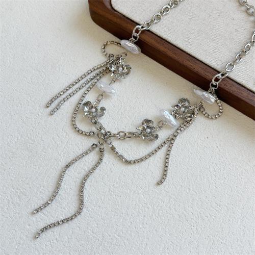 Brass Necklace, Copper Alloy, with Shell Pearl, with 10CM extender chain, plated, for woman & with rhinestone, silver color, Length:Approx 36 cm, Sold By PC