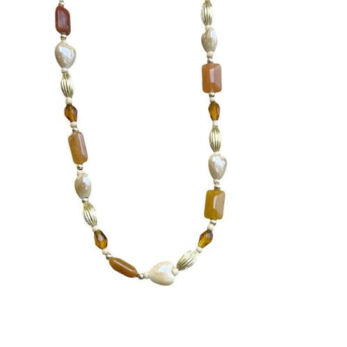 Messing Halskette, mit Naturstein & Porzellan, mit Verlängerungskettchen von 5CM, handgemacht, für Frau, farbenfroh, Länge:ca. 40 cm, verkauft von PC