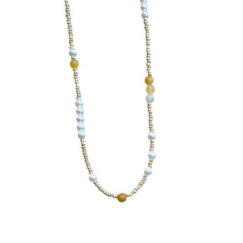 Messing Halskette, mit Naturstein & Kristall & Kunststoff Perlen, mit Verlängerungskettchen von 6CM, handgemacht, für Frau, goldfarben, Länge:ca. 37 cm, verkauft von PC