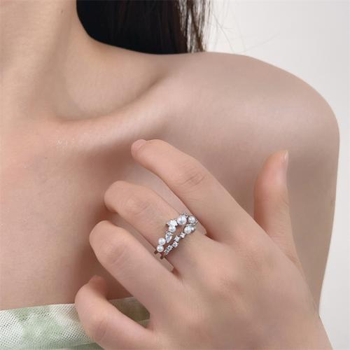 Cúbicos Circonia Micro Pave anillo de latón, metal, con Perlas de vidrio, chapado, micro arcilla de zirconia cúbica & para mujer, plateado, Vendido por UD