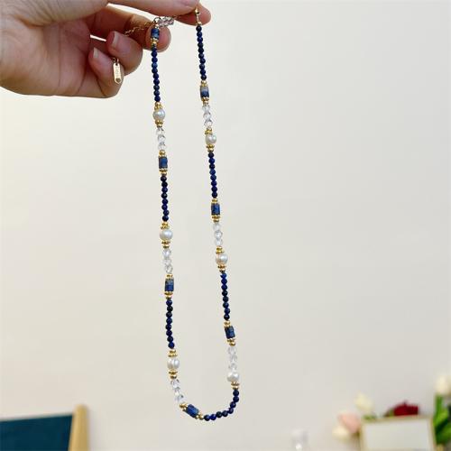 Brass Necklace, with Lapis Lazuli & Freshwater Pearl & Clear Quartz, with 5CM extender chain, handmade, for woman, blue, Length:Approx 44 cm, Sold By PC